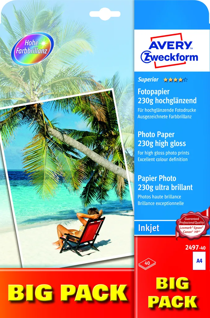 Avery Zweckform 2497-40 Superior Inkjet Fotopapier, DIN A4, einseitig beschichtet - hochglänzend, 230 g/m², 40 Blatt